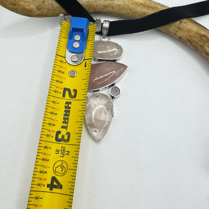 Vintage Pink Rose Quartz Boho Black Velvet Choker Silver Necklace - oval shape
