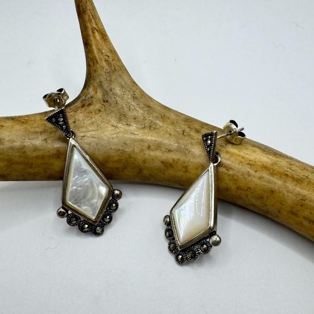 Vintage White Mother of Pearl Marcasite Earrings 925 Sterling Silver Minimalist Everyday Style