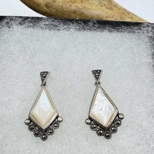 Vintage White Mother of Pearl Marcasite Earrings 925 Sterling Silver Minimalist Everyday Style