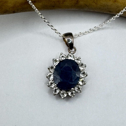 Vintage Blue Sapphire Necklace 925 Sterling Silver Chain Necklace