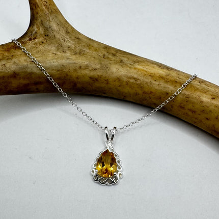 Vintage Citrine Necklace Dainty 925 Sterling Silver Chain, Delicate Design
