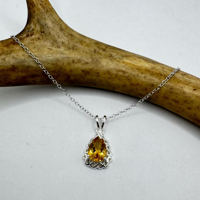 Vintage Citrine Necklace Dainty 925 Sterling Silver Chain, Delicate Design