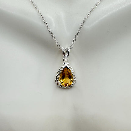 Vintage Citrine Necklace Dainty 925 Sterling Silver Chain, Delicate Design