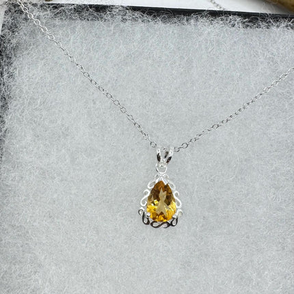 Vintage Citrine Necklace Dainty 925 Sterling Silver Chain, Delicate Design