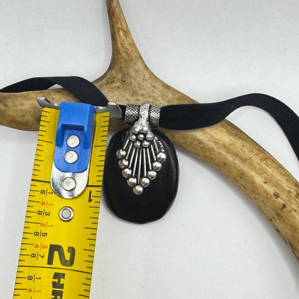 Vintage Black Onyx Pendant Ribbon Choker Necklace Silver Bronze Necklace Statement