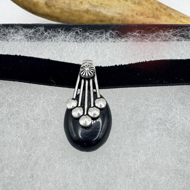 Vintage Black Onyx Pendant Ribbon Choker Necklace Silver Bronze Necklace Statement