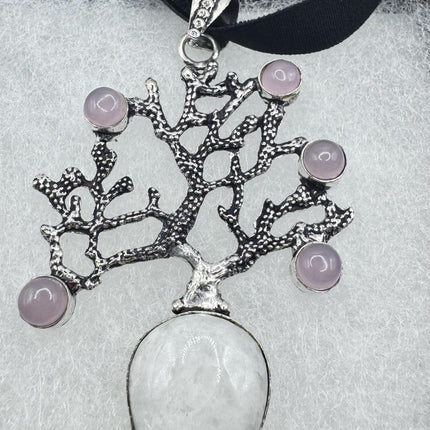 Vintage Silver Bronze Rainbow Moonstone Rose Quartz Black Velvet Choker Pendant Necklace