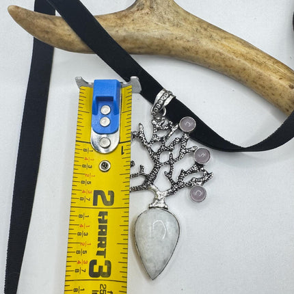 Vintage Silver Bronze Rainbow Moonstone Rose Quartz Black Velvet Choker Pendant Necklace