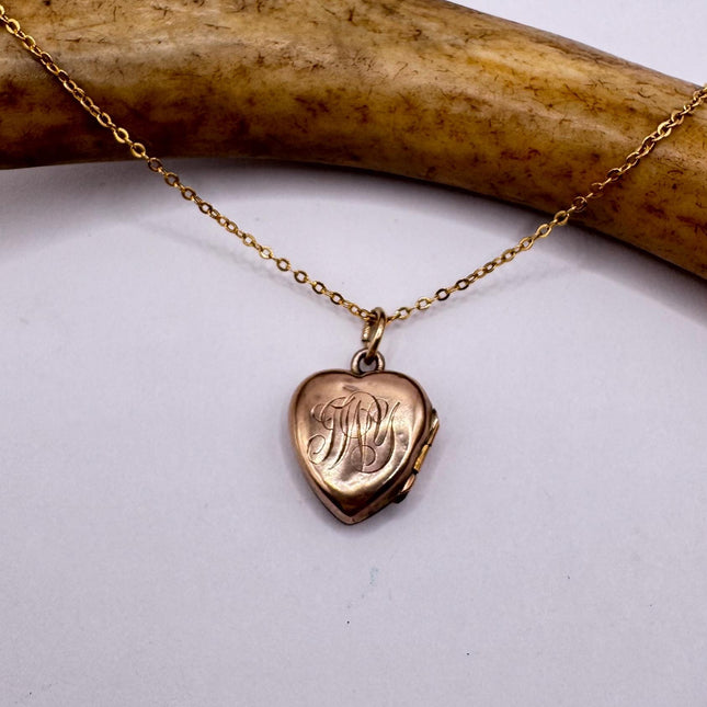 Vintage Gold Locket | Tiny 9k Gold Filled Heart Pendant Photo Memory Charm Engraved Mum | Golden 925 Sterling Silver Chain Necklace
