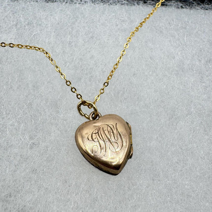Vintage Gold Locket | Tiny 9k Gold Filled Heart Pendant Photo Memory Charm Engraved Mum | Golden 925 Sterling Silver Chain Necklace
