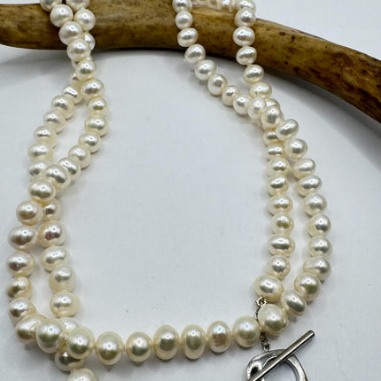 Vintage Pearl Necklace | Elegant Hand Knotted White Pearl Gemstones 925 Sterling Silver Heart Toggle 32 Inch Opera Length Necklace