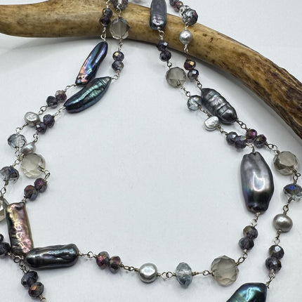 Elegant Peacock Black Pearl Necklace - Sterling Silver Hand Knotted Vintage 38 inches - Everyday Minimal