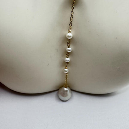 Vintage Pearl Y Necklace Elegant White Pearl Gemstones Gold 925 Sterling Silver 18 inch
