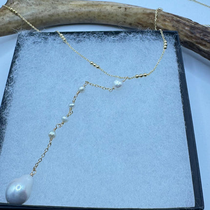 Vintage Pearl Y Necklace Elegant White Pearl Gemstones Gold 925 Sterling Silver 18 inch