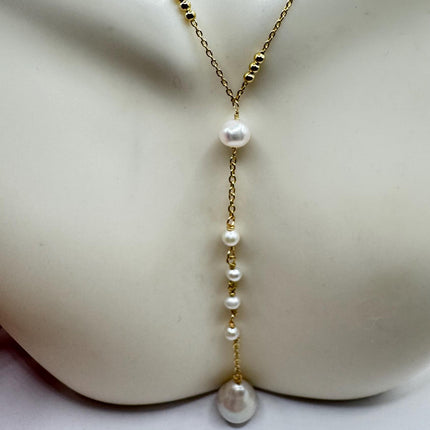Vintage Pearl Y Necklace Elegant White Pearl Gemstones Gold 925 Sterling Silver 18 inch