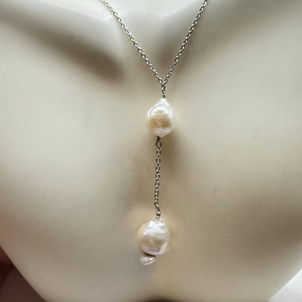 Vintage Pearl Y Necklace Elegant White Pearl Gemstones Gold 925 Sterling Silver 18 inch