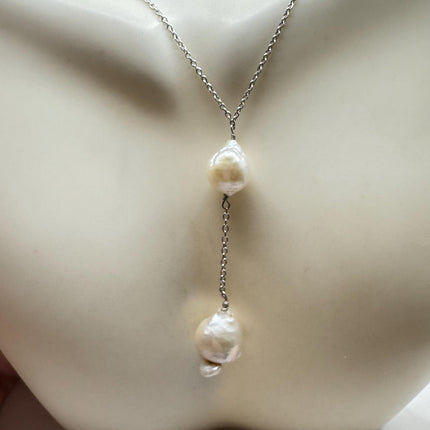 Vintage Pearl Y Necklace Elegant White Pearl Gemstones Gold 925 Sterling Silver 18 inch