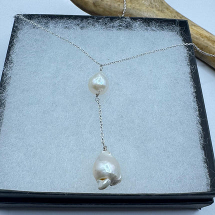 Vintage Pearl Y Necklace Elegant White Pearl Gemstones Gold 925 Sterling Silver 18 inch