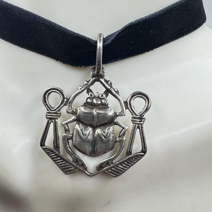 Vintage Egyptian Scarab 925 Sterling Silver Black Velvet Choker Necklace Elijah Colletion