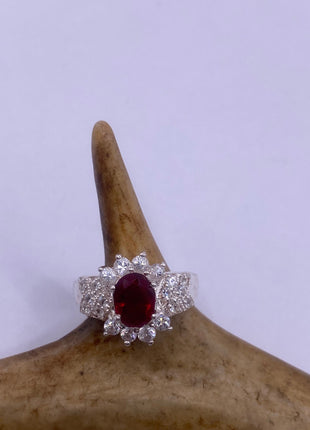 Vintage Silver Ring | Crystal Diamond Red Garnet Boho Cocktail | 925 Sterling Silver Antique Wedding Band Engagement Ring