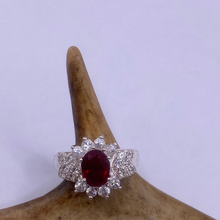 Vintage Silver Ring | Crystal Diamond Red Garnet Boho Cocktail | 925 Sterling Silver Antique Wedding Band Engagement Ring