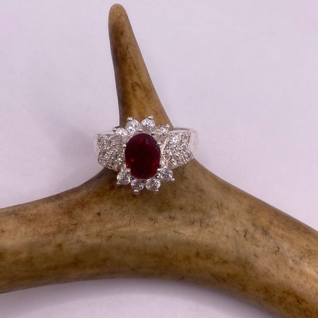 Vintage Silver Ring | Crystal Diamond Red Garnet Boho Cocktail | 925 Sterling Silver Antique Wedding Band Engagement Ring