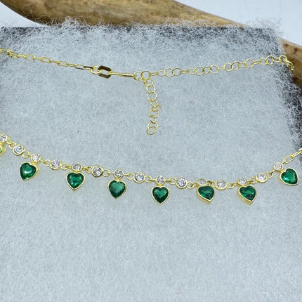 Mini Heart Love Charm Neclace Emerald CZ Golden 925 Sterling Silver Dainty Chain Necklace