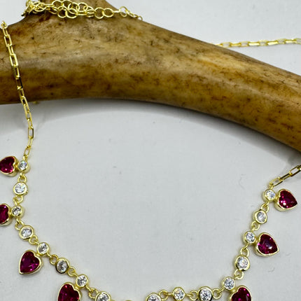Mini Heart Love CharmC Necklace Red Ruby CZ Golden 925 Sterling Silver Dainty Chain Necklace