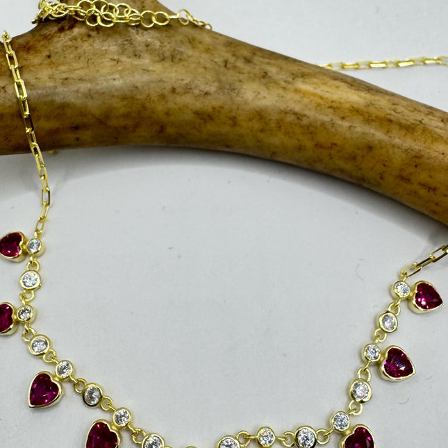 Mini Heart Love CharmC Necklace Red Ruby CZ Golden 925 Sterling Silver Dainty Chain Necklace