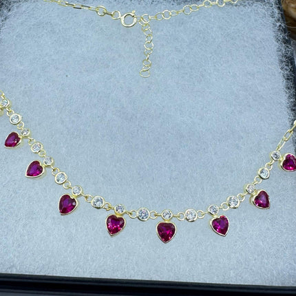 Mini Heart Love CharmC Necklace Red Ruby CZ Golden 925 Sterling Silver Dainty Chain Necklace