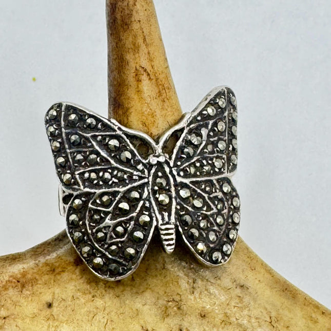 Vintage Marcasite Butterfly Ring - 925 Sterling Silver Cocktail Ring - Minimalist Everyday Jewelry