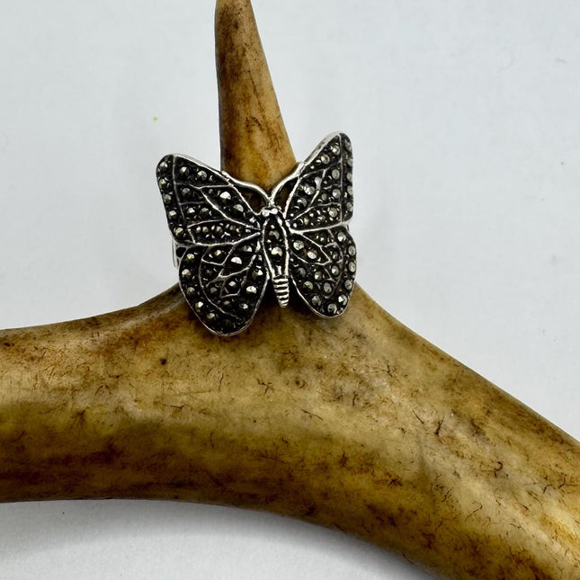 Vintage Marcasite Butterfly Ring - 925 Sterling Silver Cocktail Ring - Minimalist Everyday Jewelry