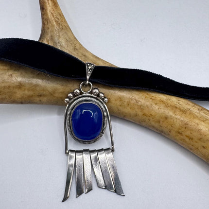Vintage Silver Gemstone Pendant Blue Chalsedony 925 Sterling Silver Black Velvet Choker Necklace
