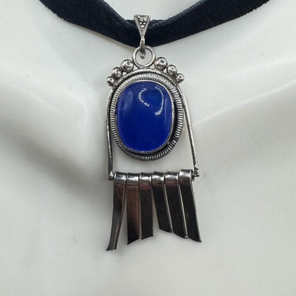 Vintage Silver Gemstone Pendant Blue Chalsedony 925 Sterling Silver Black Velvet Choker Necklace