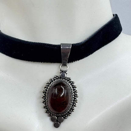 Vintage Pale Red Carnelian Pendant Ribbon Choker Necklace