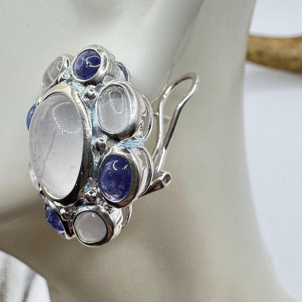Vintage Silver Earrings | Rose Quartz Iolite Button Gemstone 925 Sterling Silver Flower Design Earrings