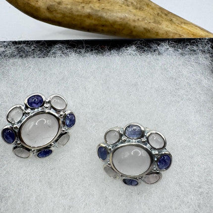Vintage Silver Earrings | Rose Quartz Iolite Button Gemstone 925 Sterling Silver Flower Design Earrings