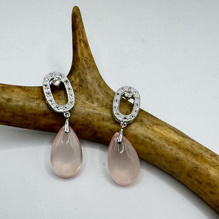Vintage Pink Rose Quartz Chandelier Drop Gemstone 925 Sterling Silver Earrings
