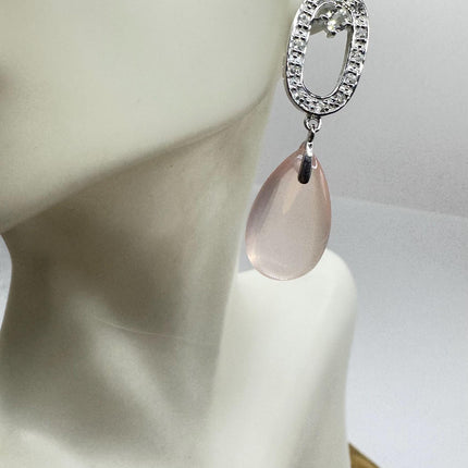 Vintage Pink Rose Quartz Chandelier Drop Gemstone 925 Sterling Silver Earrings