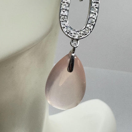Vintage Pink Rose Quartz Chandelier Drop Gemstone 925 Sterling Silver Earrings