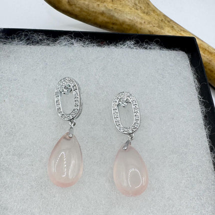 Vintage Pink Rose Quartz Chandelier Drop Gemstone 925 Sterling Silver Earrings
