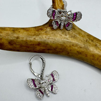 Vintage Silver Earring Ruby Cubic Zirconia Butterfly Simple Minimal Hoops Earrings