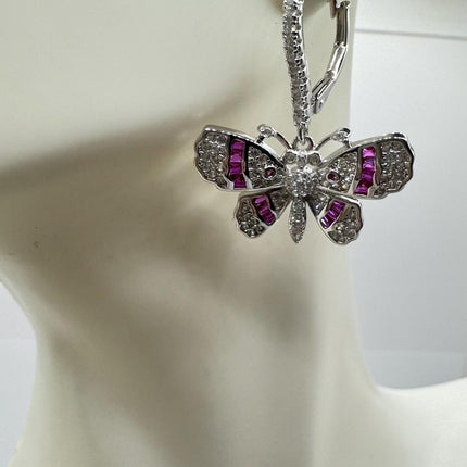 Vintage Silver Earring Ruby Cubic Zirconia Butterfly Simple Minimal Hoops Earrings