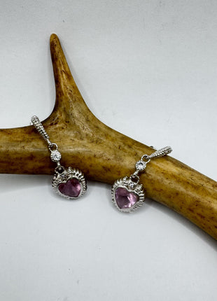 Vintage Pink Rose Quartz Heart Chandelier Drop Gemstone 925 Sterling Silver Earrings