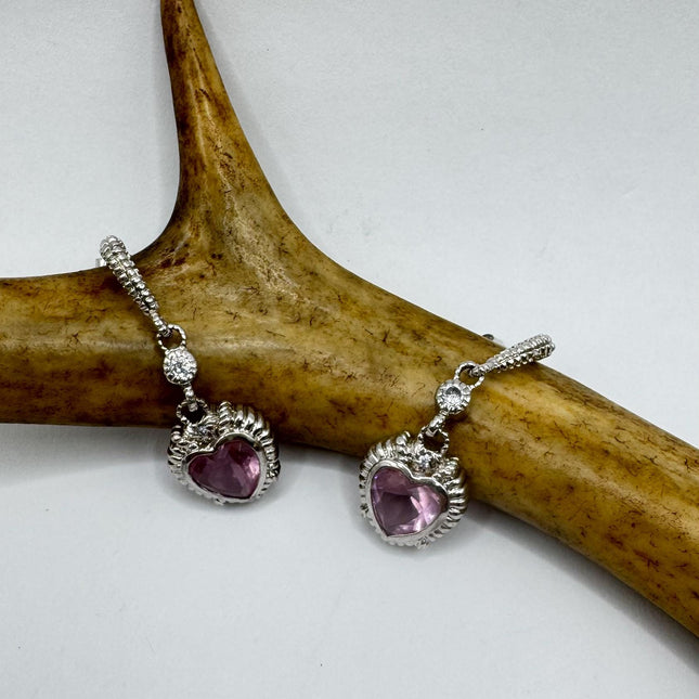 Vintage Pink Rose Quartz Heart Chandelier Drop Gemstone 925 Sterling Silver Earrings