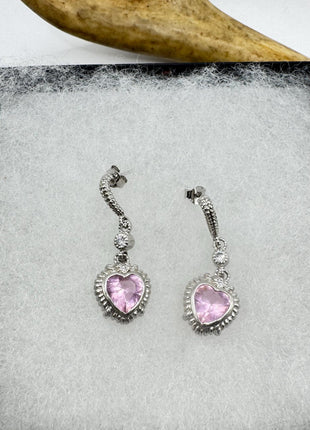 Vintage Pink Rose Quartz Heart Chandelier Drop Gemstone 925 Sterling Silver Earrings