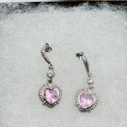 Vintage Pink Rose Quartz Heart Chandelier Drop Gemstone 925 Sterling Silver Earrings
