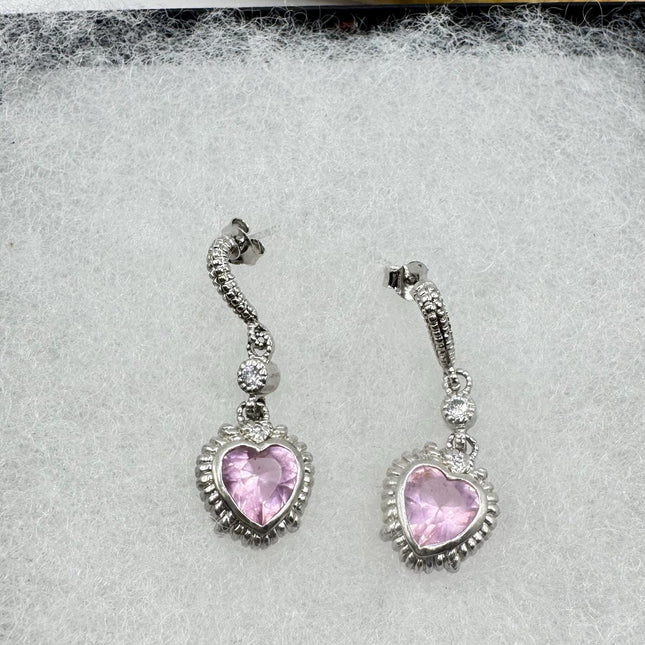 Vintage Pink Rose Quartz Heart Chandelier Drop Gemstone 925 Sterling Silver Earrings