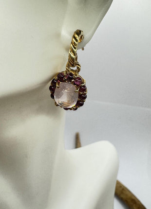 Vintage Pink Rose Quartz Chandelier Drop Gemstone Gold 925 Sterling Silver Earrings