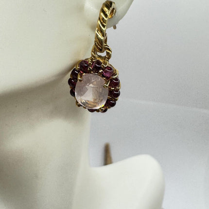 Vintage Pink Rose Quartz Chandelier Drop Gemstone Gold 925 Sterling Silver Earrings